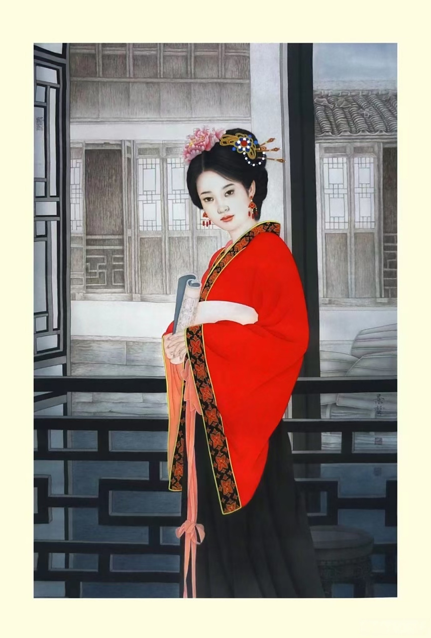 画家崔景哲老师中国红工笔画人物画#国画##艺术