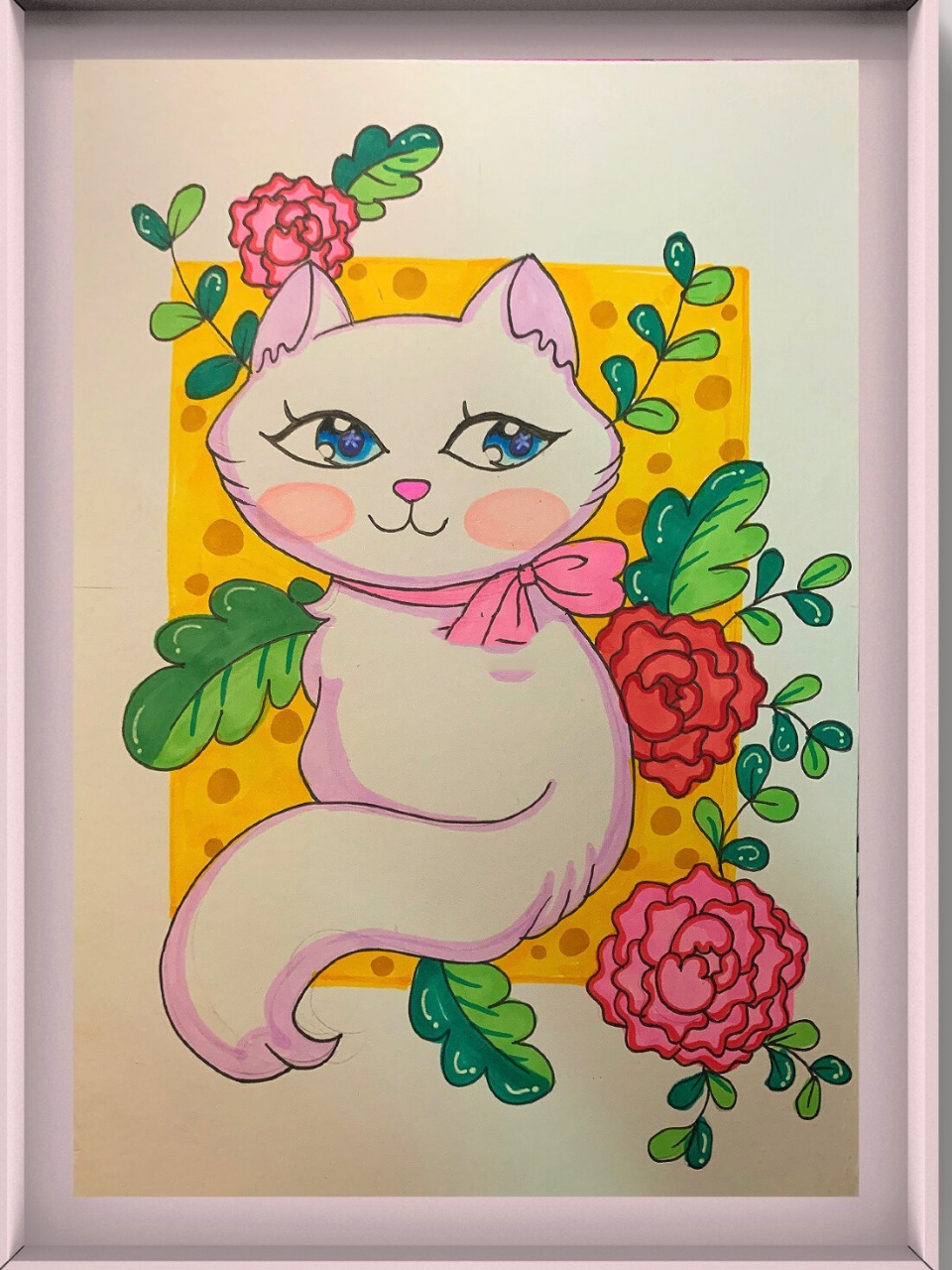 马克笔儿童画《花丛中的小猫》