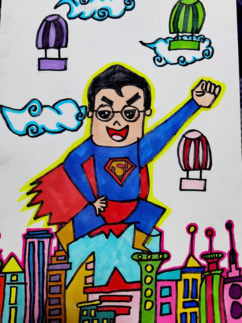 父亲节儿童画 《我的超人爸爸》 马克笔儿童画