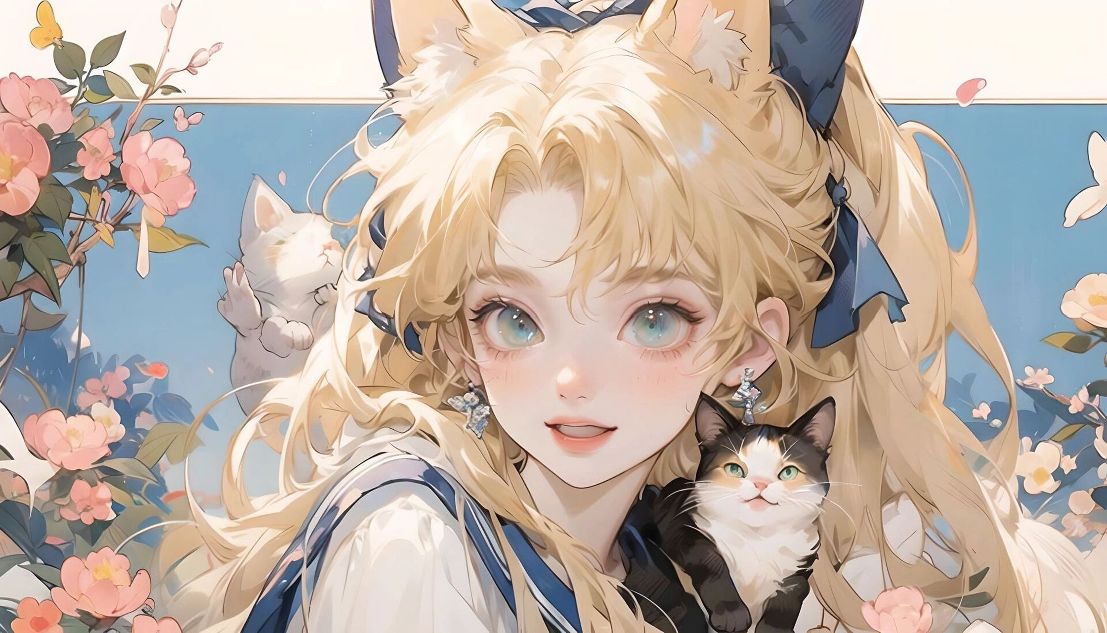 美少女战士电脑壁纸 | 蓝色系 | 抱猫少女 今日份小清新壁纸