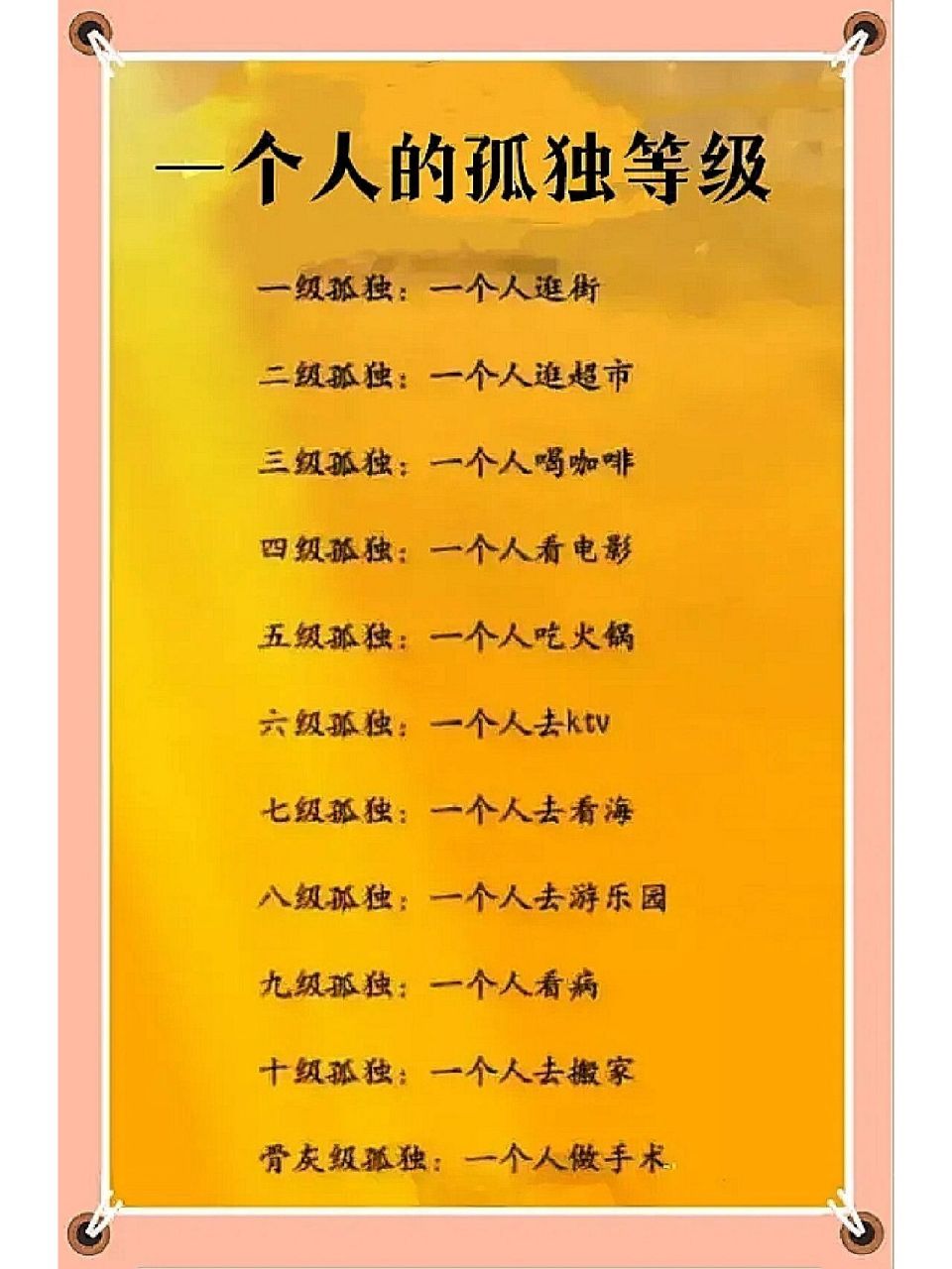 孤独的等级排行,扎心了老铁