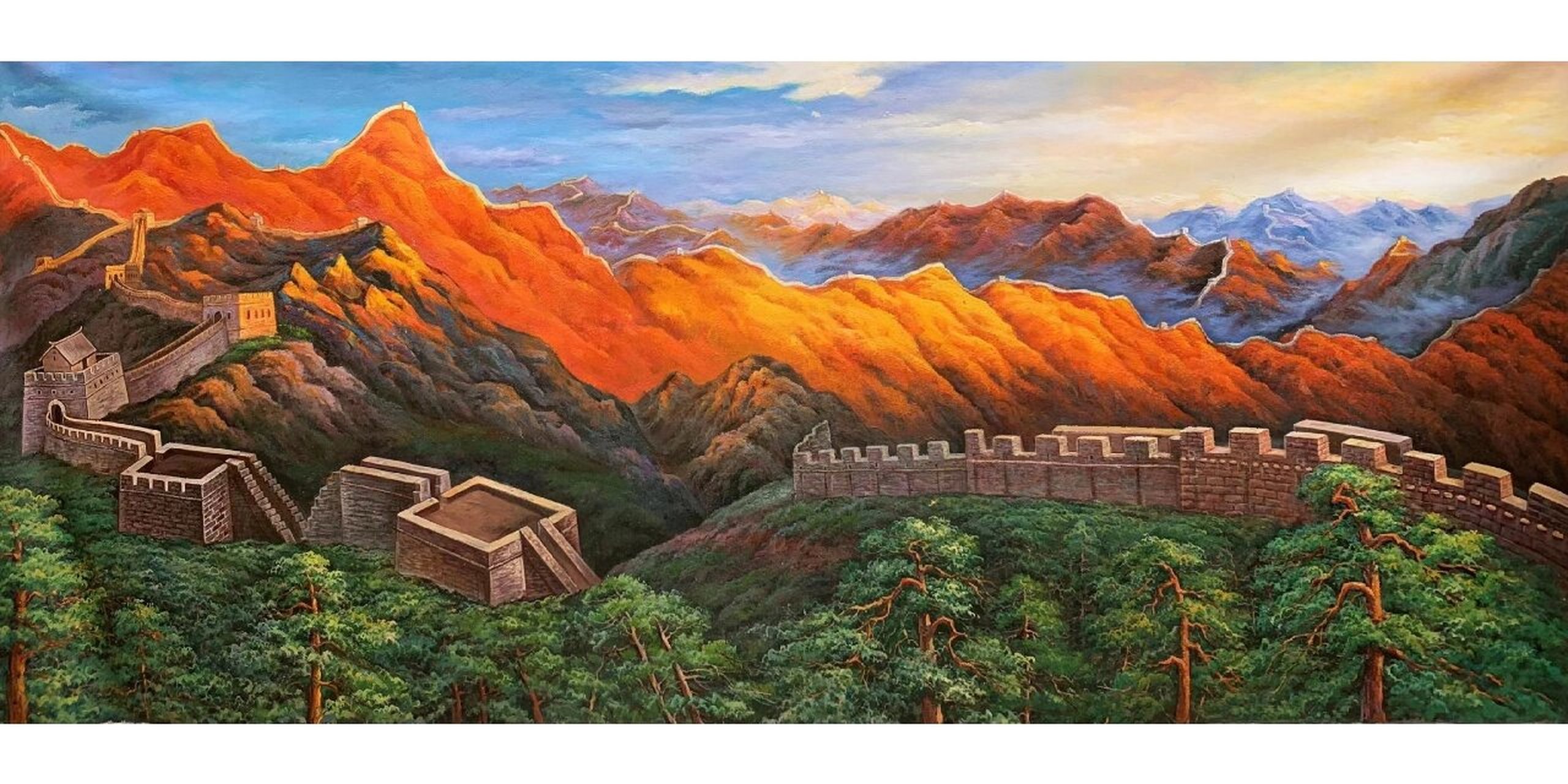 原创精品油画110x260cm《金山岭晨光》