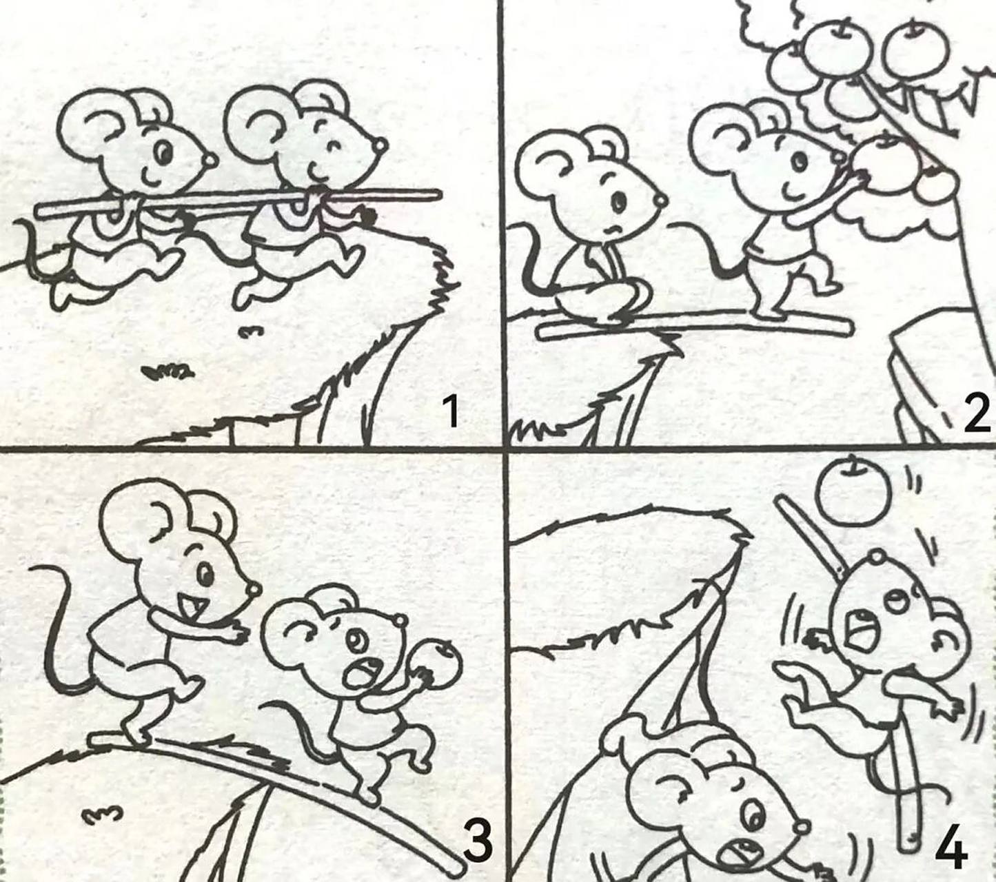 看图写话 小老鼠摘苹果 一天,天气晴朗,两只小老鼠在悬崖边玩耍,突然