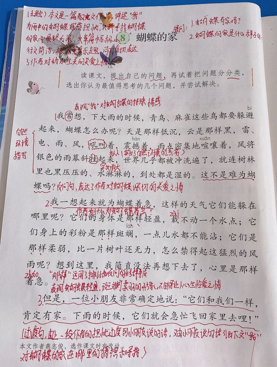 四年级语文上册《蝴蝶的家》 96第八课《蝴蝶的家》课堂笔记