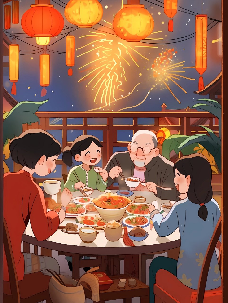 春节的绘画作品 一家人团圆一起吃团圆饭7815 脸上洋溢着笑容是