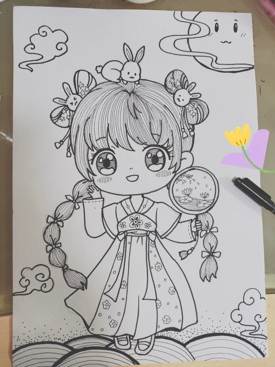 中秋节儿童画线描 可爱的嫦娥仙子,画到一半才想起来拍过程图,下次