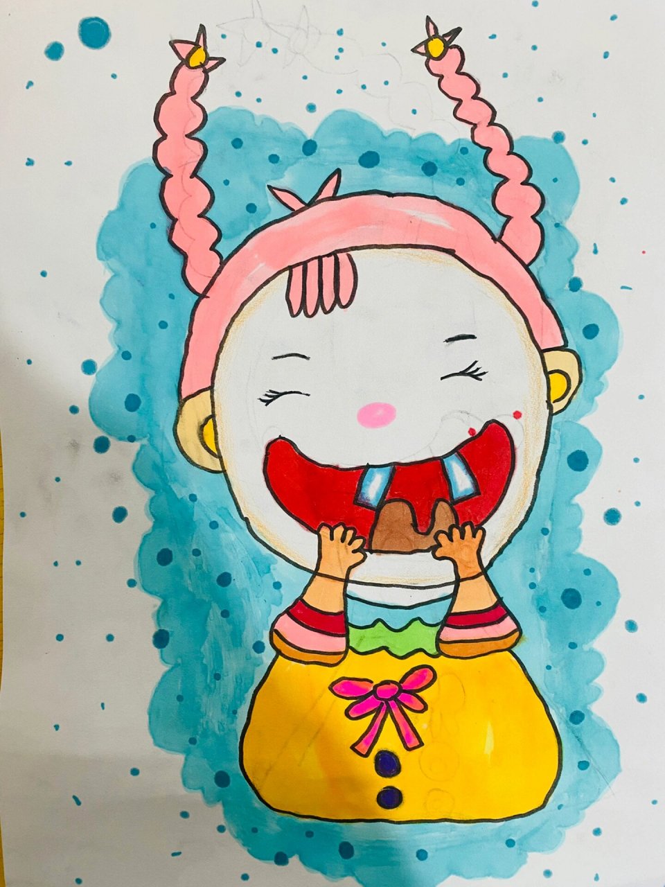 儿童画《爱笑的娃娃》绘画作品 1～2年级儿童话作品,爱笑的娃娃, 首先