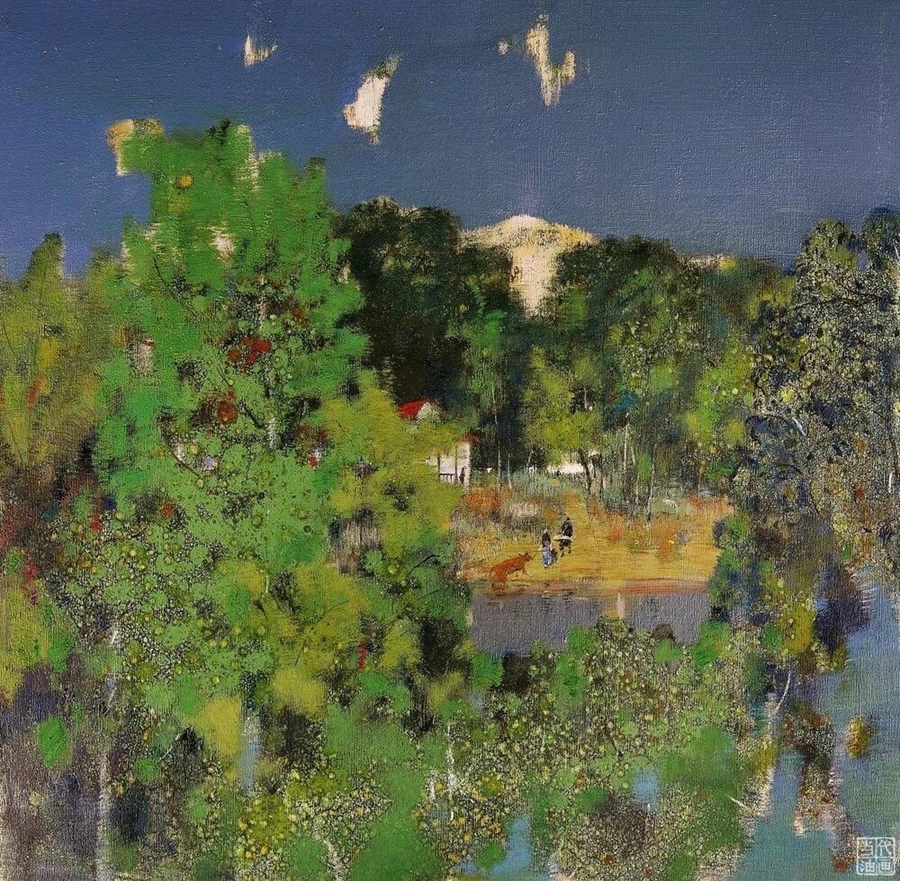 陈和西油画里多是农屋,田地,树林,池塘这些平平常常的景色.