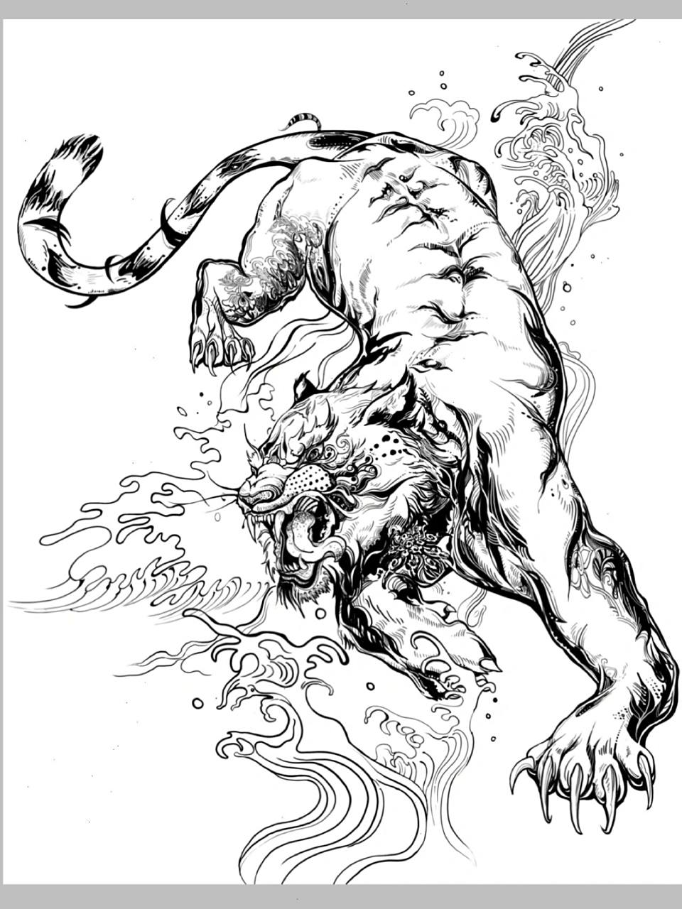 国潮风中的老虎应该怎么画71 95这次画了想画在长卷中的91小脑