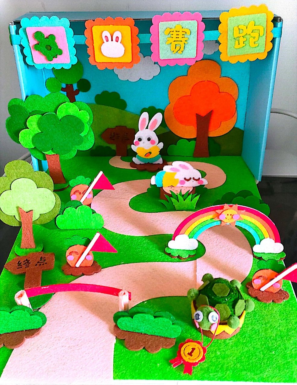 不织布故事盒子 《龟兔赛跑》 期末作业完成啦,这次搭配了快递盒子做