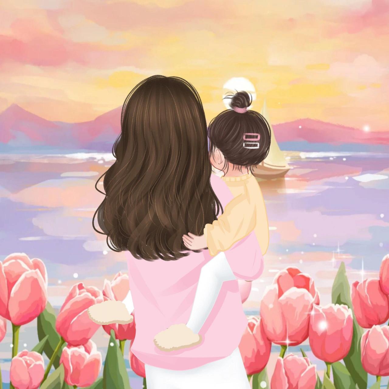 治愈系插画|我可爱的女儿🍃 可爱的小宝贝~ 画了一张妈妈带娃的背影