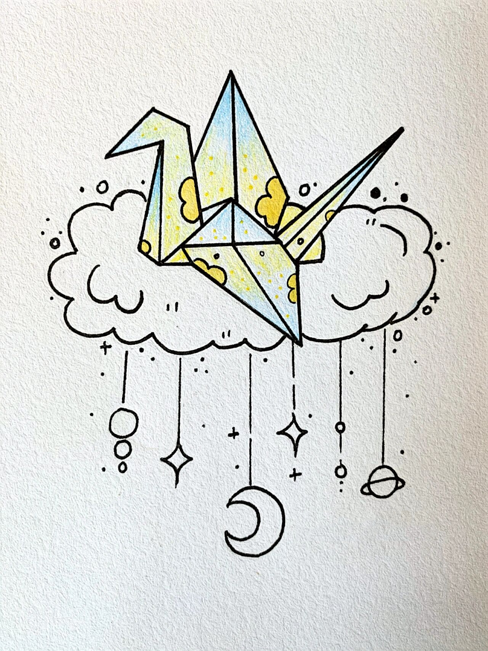 简笔画61插画-千纸鹤风铃     治愈系千纸鹤绘画教程来啦 线稿是