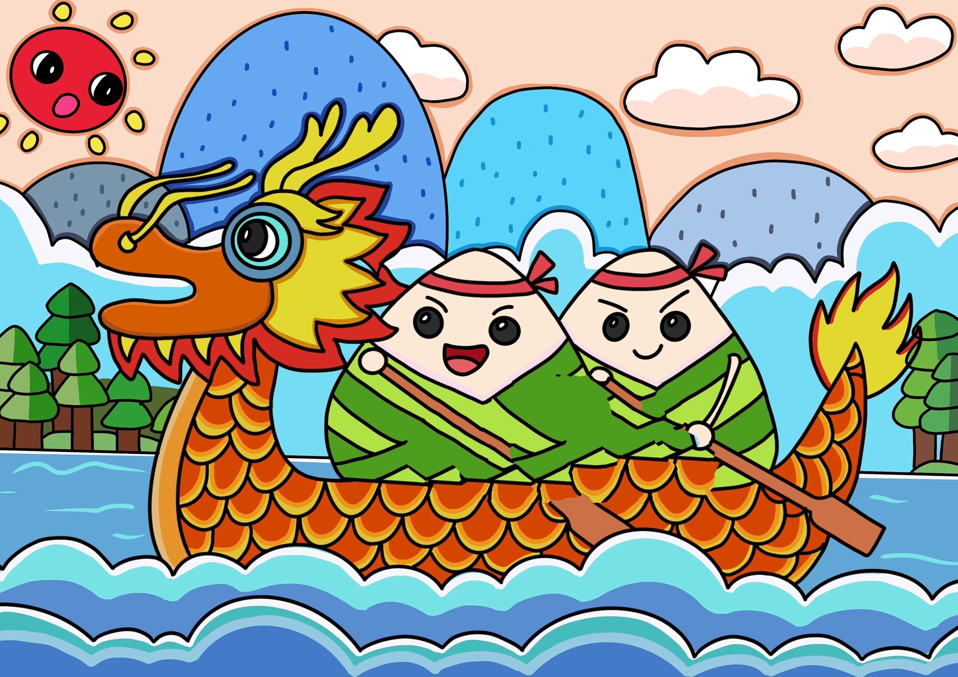 打卡87/100儿童画《划龙舟》高清素材