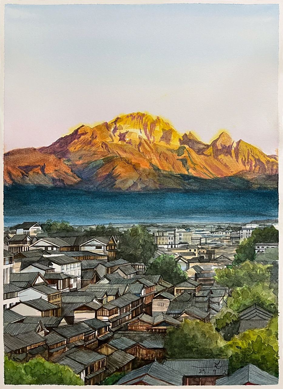 玉龙雪山水彩手绘 7月份去了一次丽江古城和玉龙雪山,看见雪山觉得