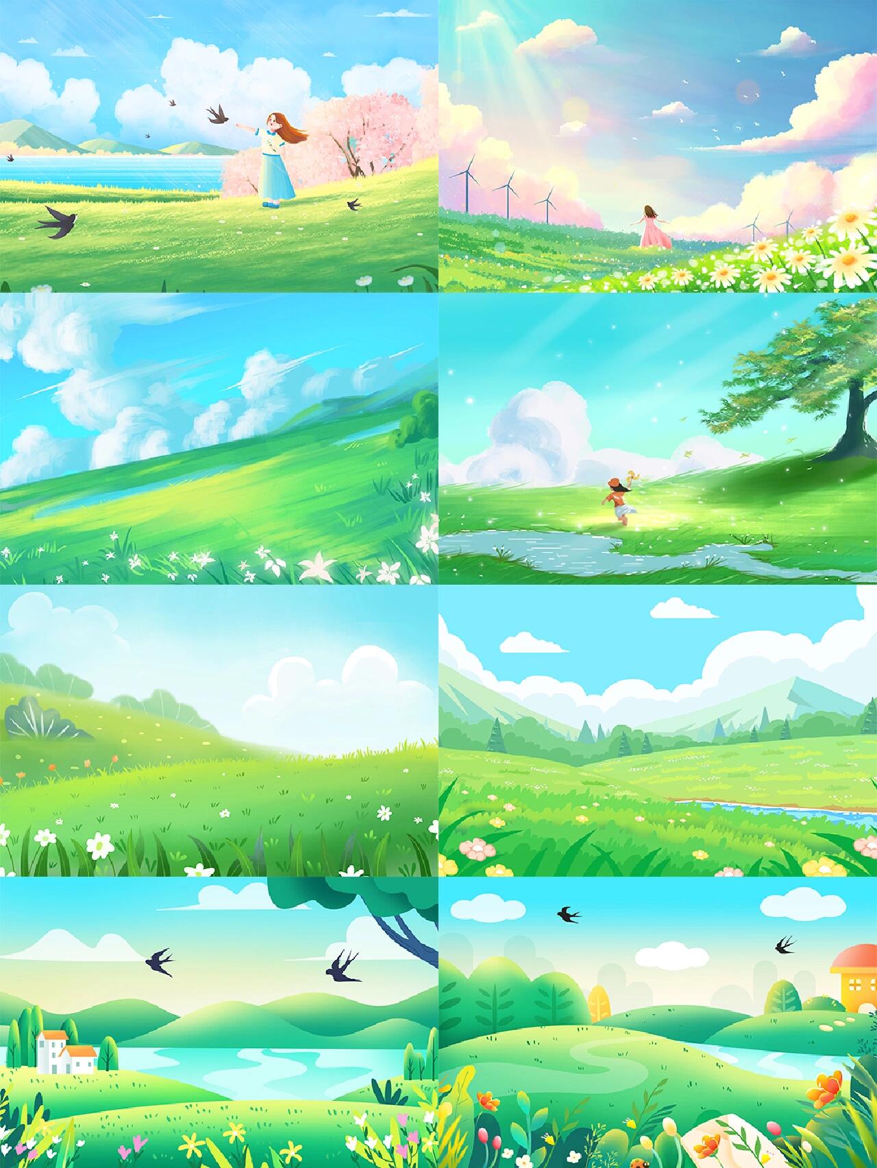 卡通风格—春天风景插画背景设计必备素材