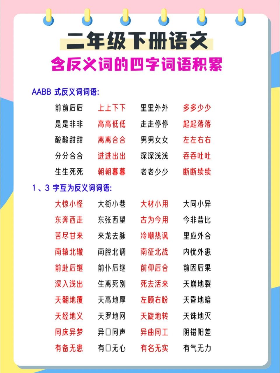 二年级下册语文常考含反义词的四字成语积累