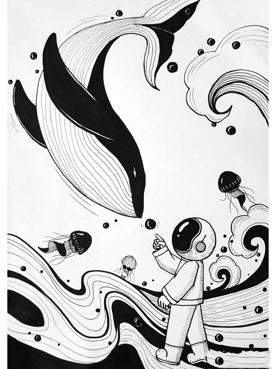 画完100张黑白装饰画2⃣8⃣附过程图 "想要坠入深海里,看悠闲游荡