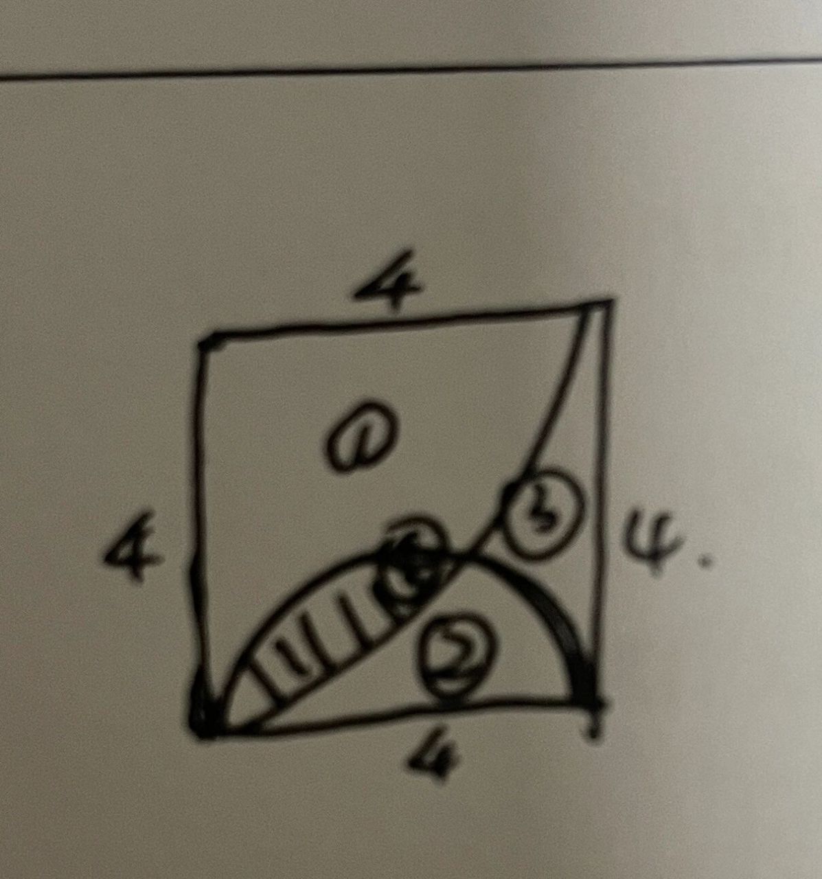 求阴影部分面积 边长为4的正方形中有一条半径为4的圆弧和直径为4的