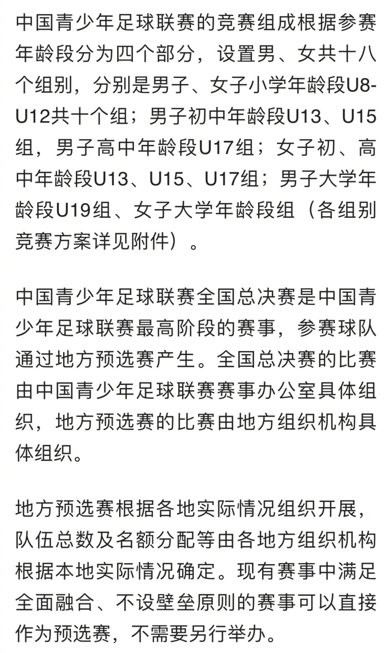 《中國青少年足球聯賽賽事組織工作方案》賽制部分.