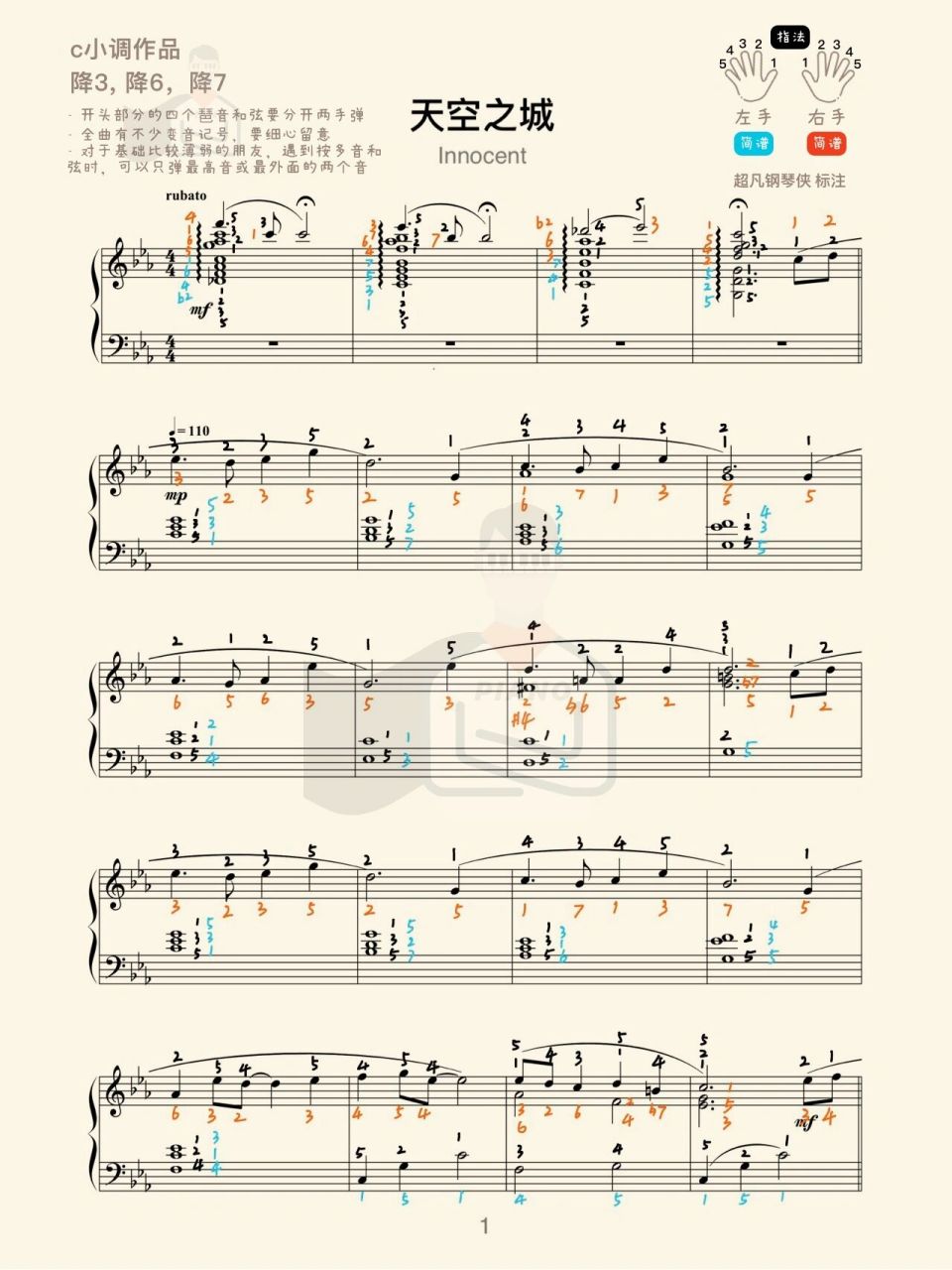 保姆级钢琴谱《天空之城》(注简谱)带指法 91不少朋友在后台留言说