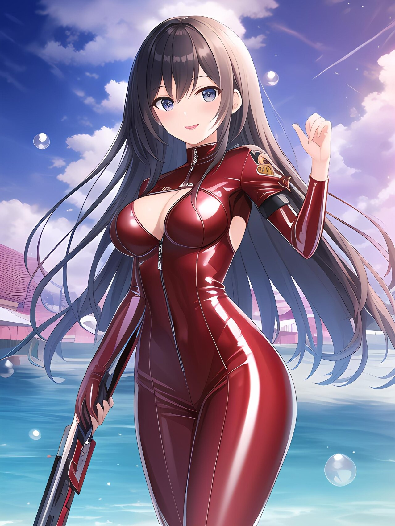 红色紧身胶衣贴合她的每一寸肌肤,恰到好处地勾勒出她完美的s型身材