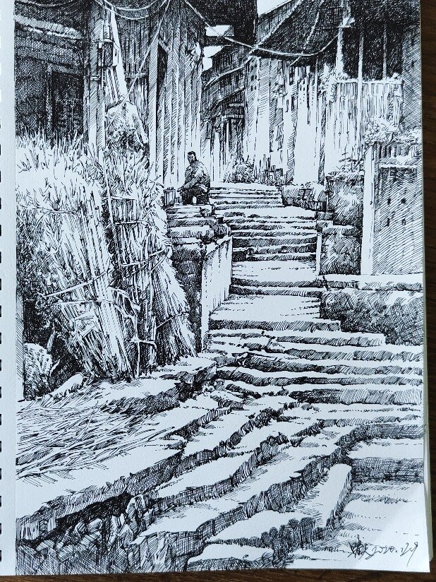 古镇建筑风景速写画法,空间感很好