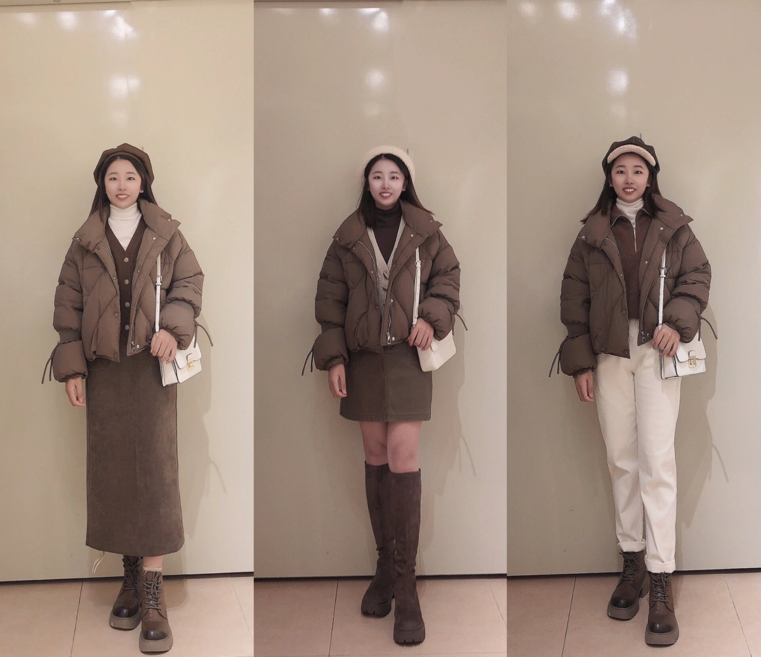 入冬的第一件咖色短款羽绒服穿搭来啦～ 小版型咖啡色羽绒服深色有