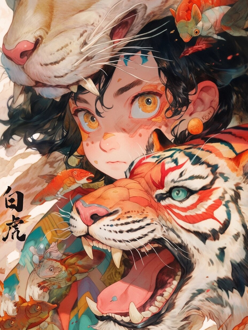 《观山海》国风系列头像-白虎 大猫,猫的特征属于萌系,和上一篇青龙拉