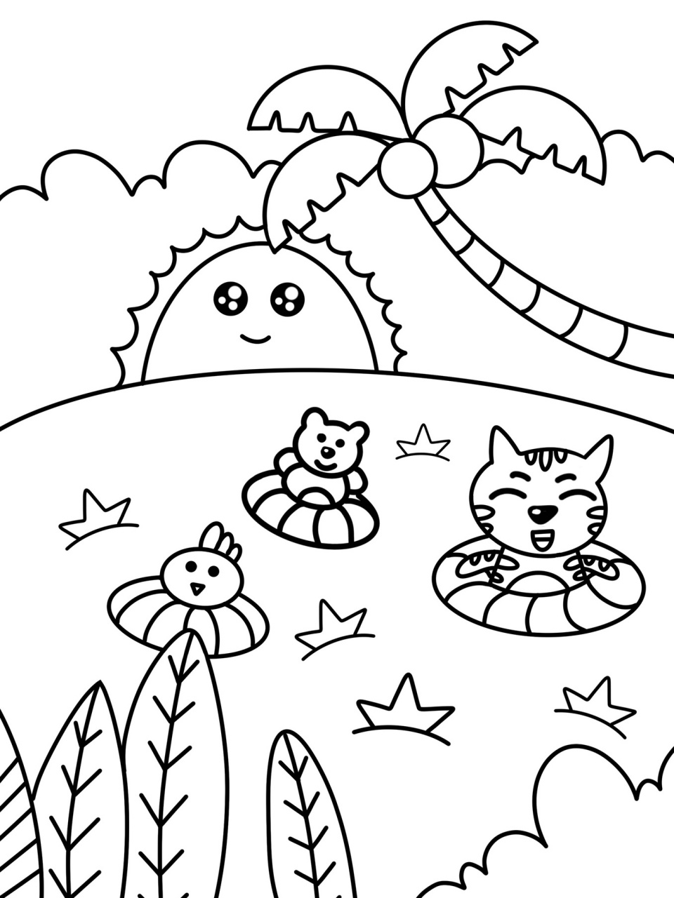 猫咪游泳 小熊 小鸡 儿童画 创意画 简笔 带线稿哦 #创意美术儿童画