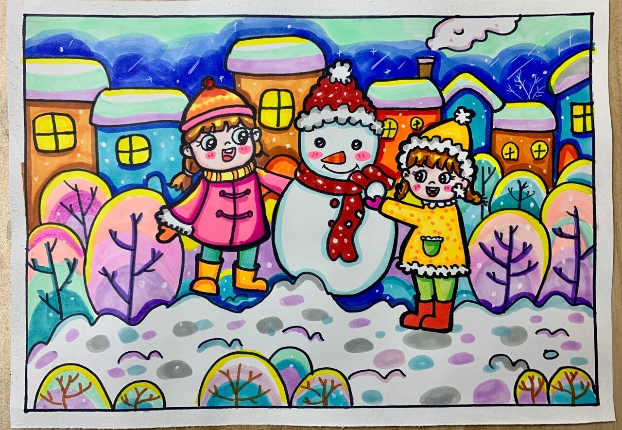 人物简笔画,冬天主题绘画《堆雪人》 冬日简笔画,可做速写考级4级
