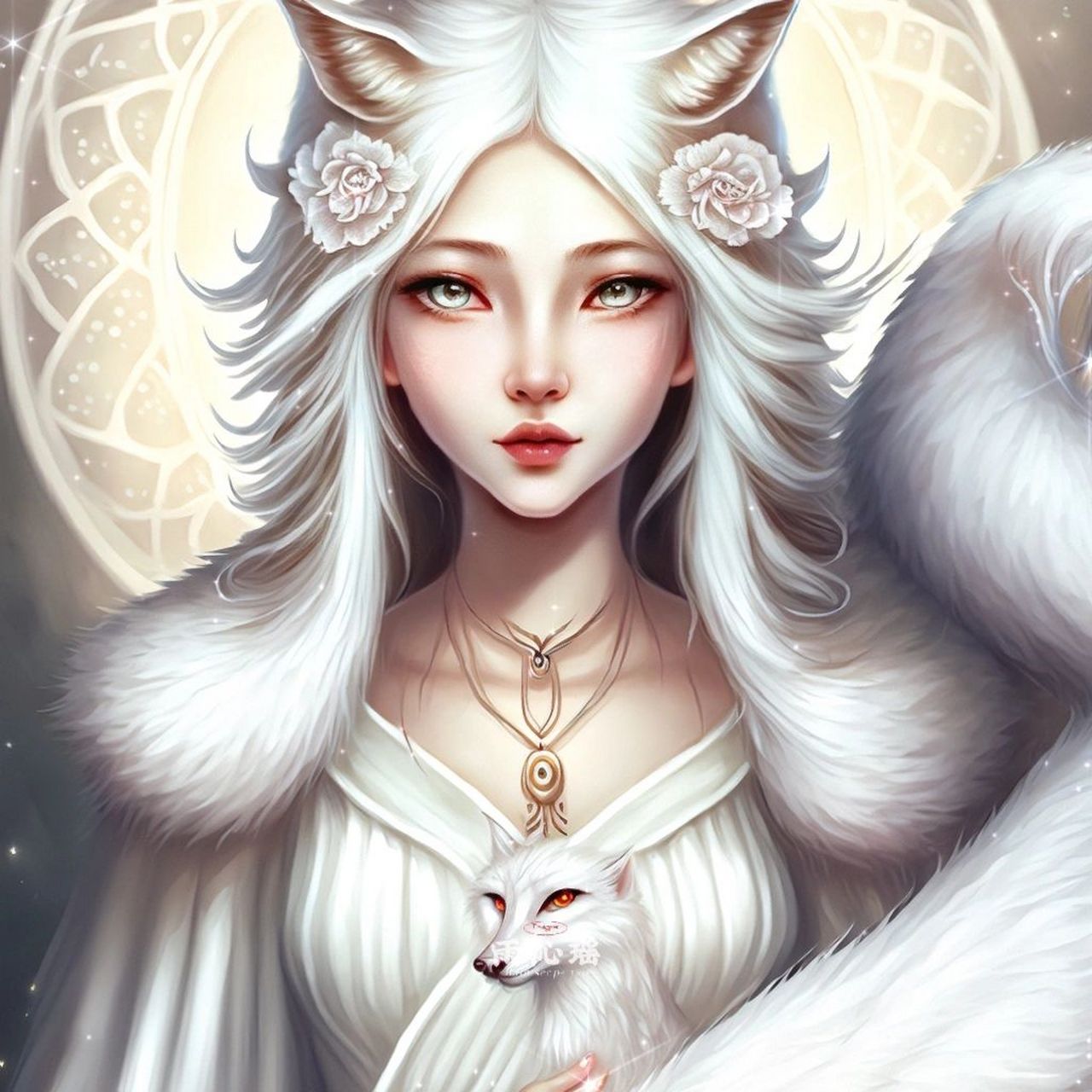 【ai绘画】78狐妖系列之白狐 传说九尾狐过了一千年就可以化为人形