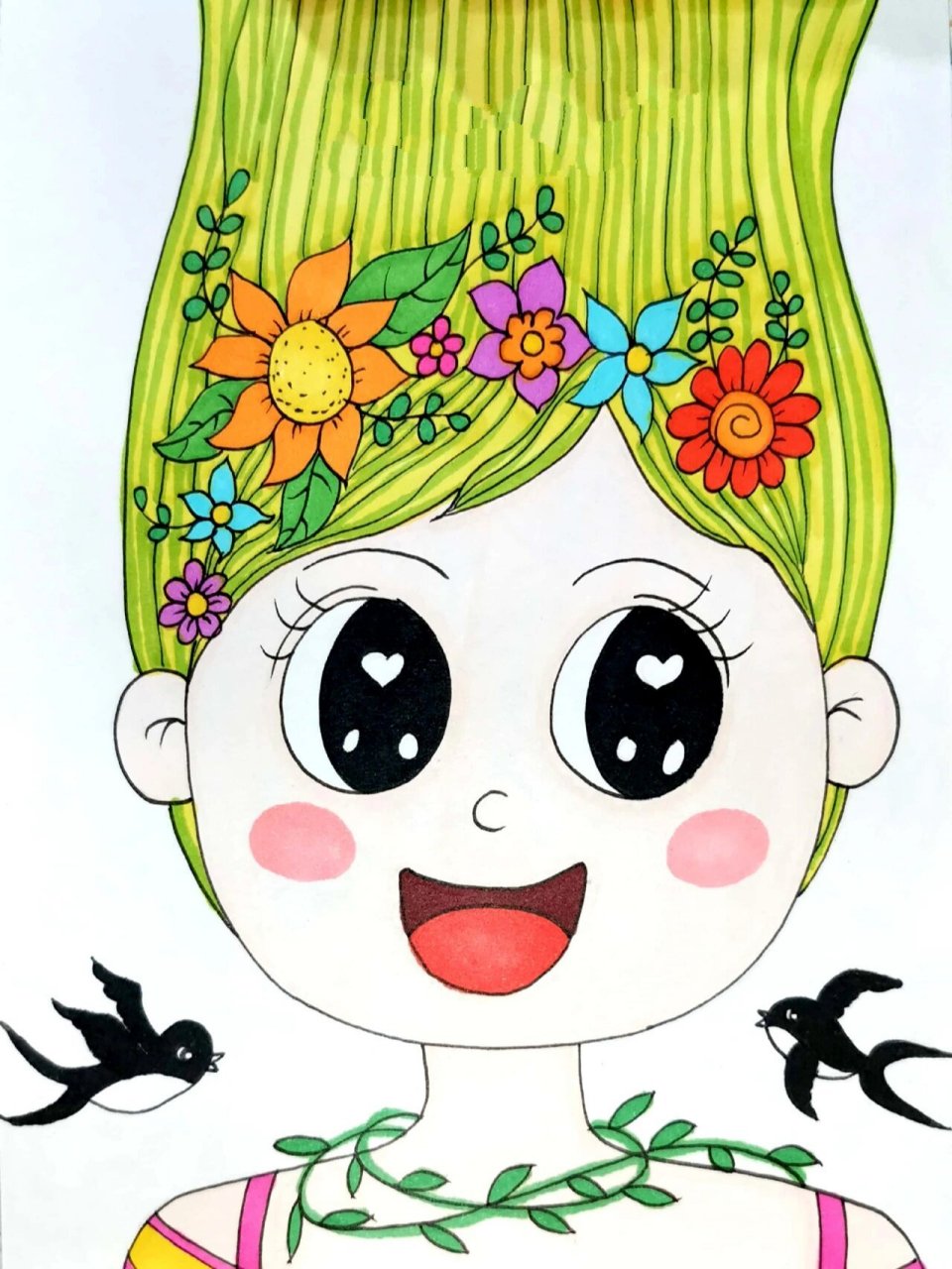 春姑娘春娃娃 创意儿童画 简笔画 马克笔 线     春天来了