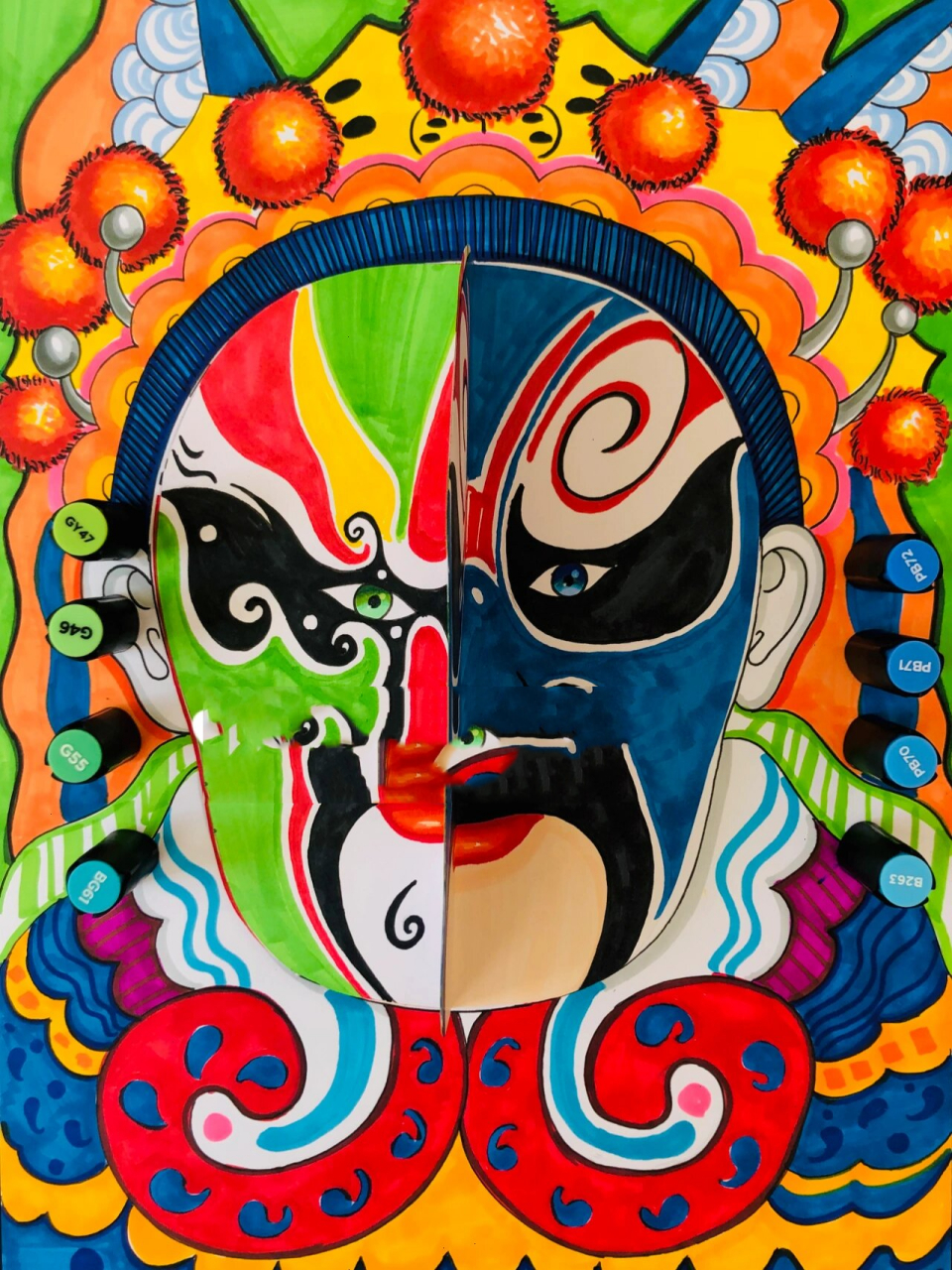 川剧变脸|脸谱|马克笔 ❤️本节课主要知识点: 🌟1,通过仔细的