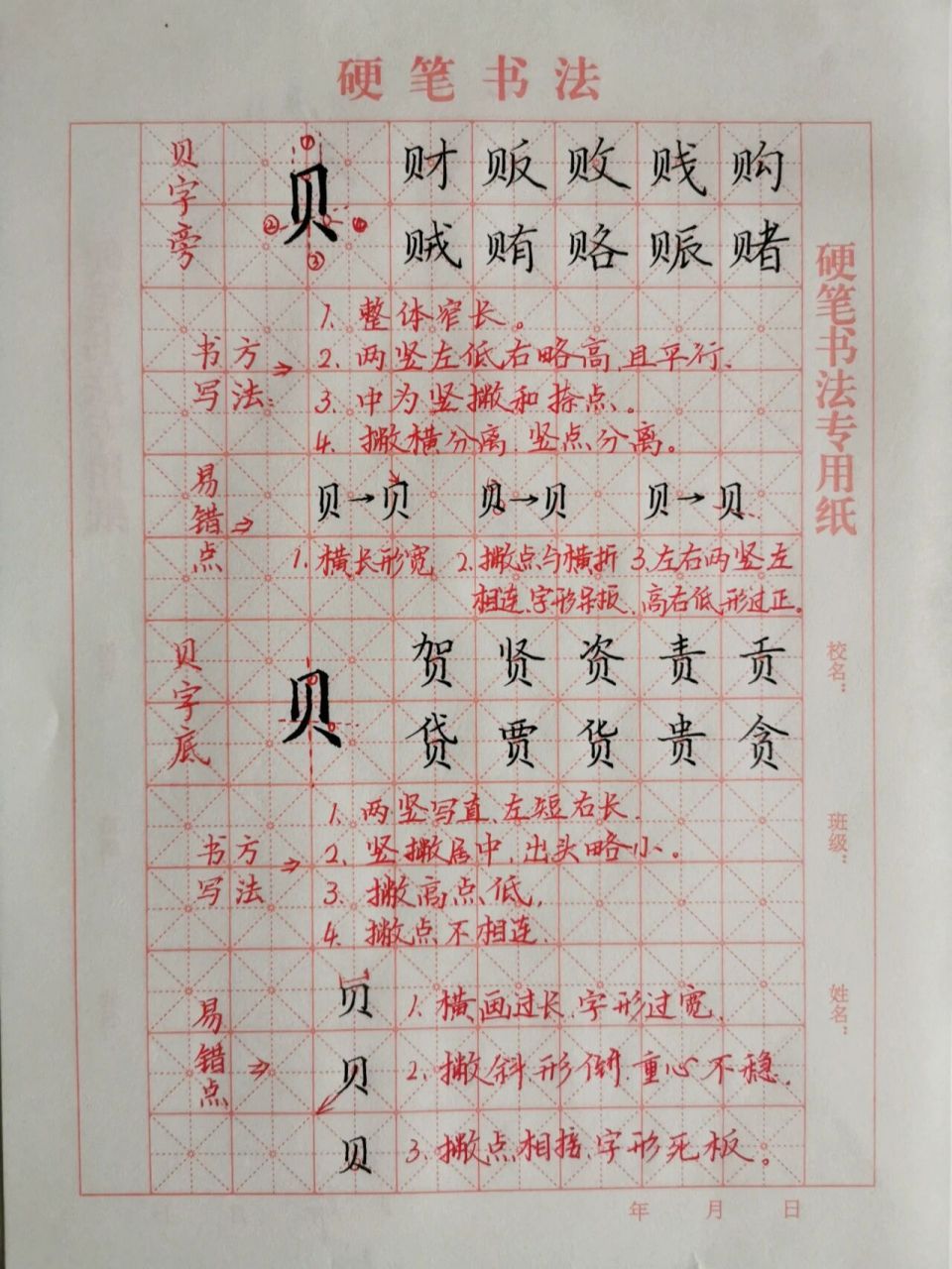 较贝字旁稍短. 2.左右两竖,左短右长. 3.撇高点低.