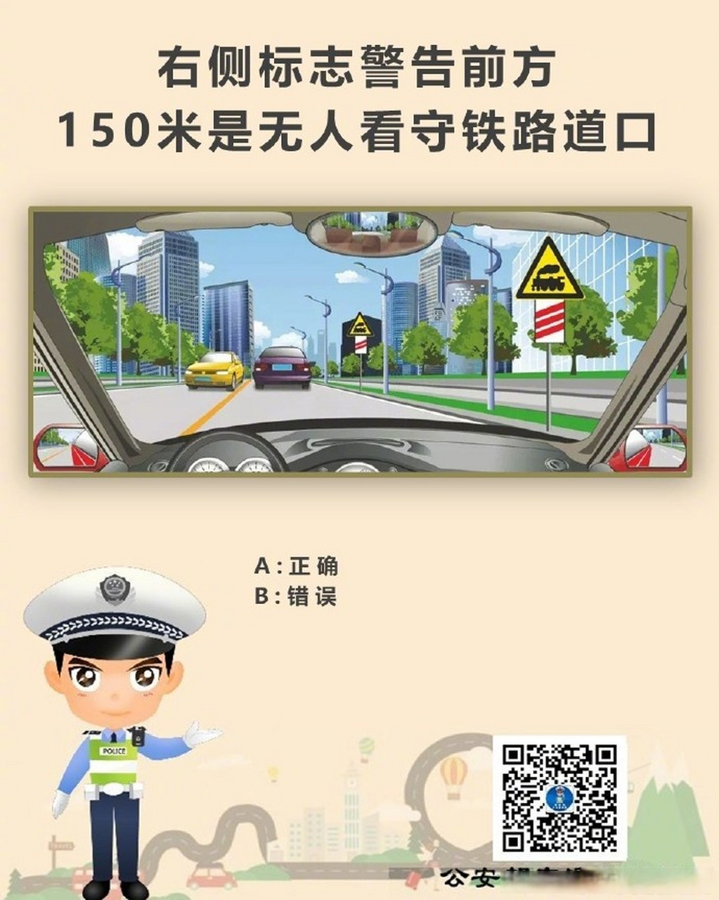 右侧标志警告前方150米是无人看守铁路道口?