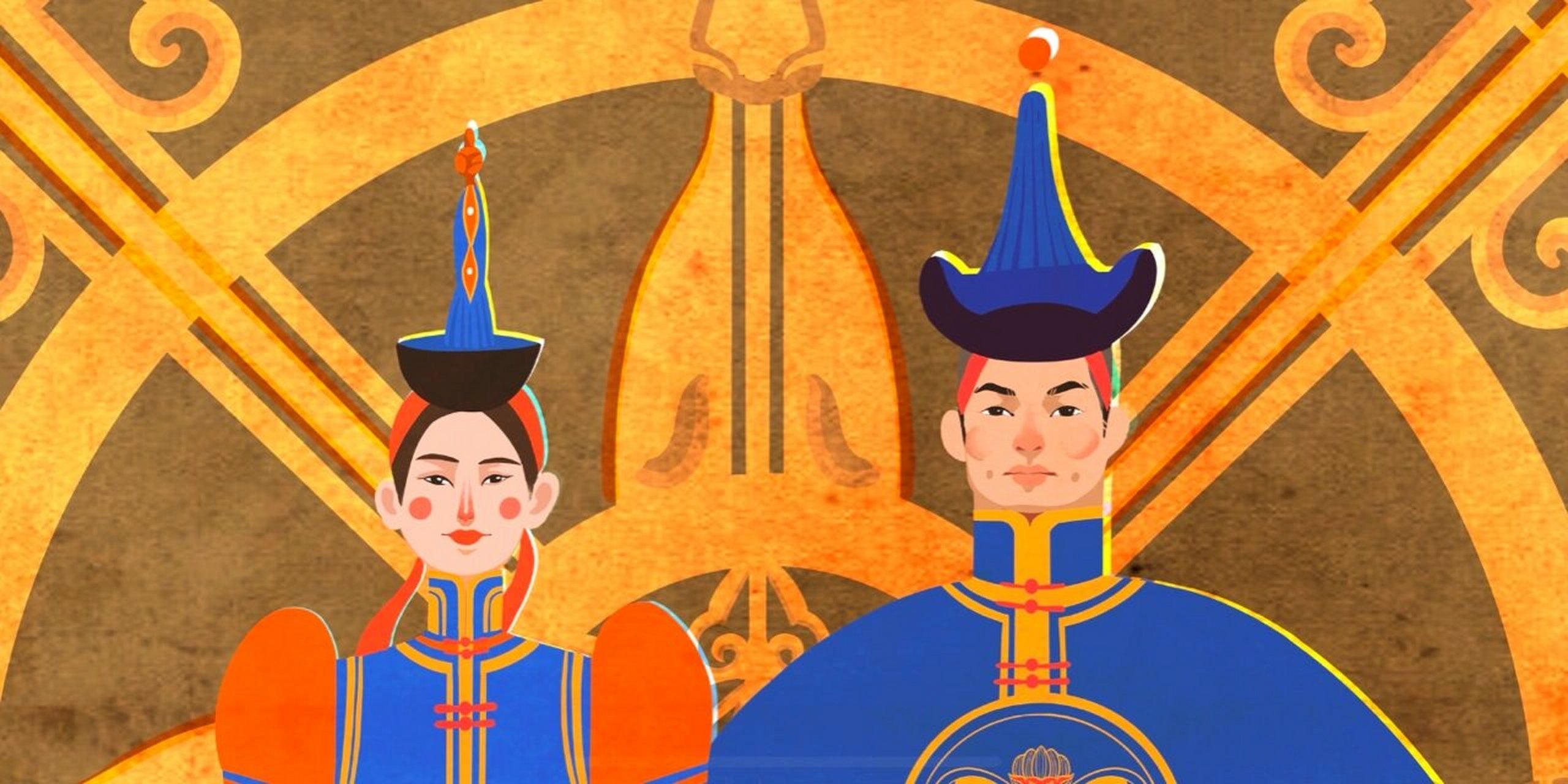 蒙古族婚礼插画 按朋友给的照片绘制的婚礼插画,在原有的服装基础上做