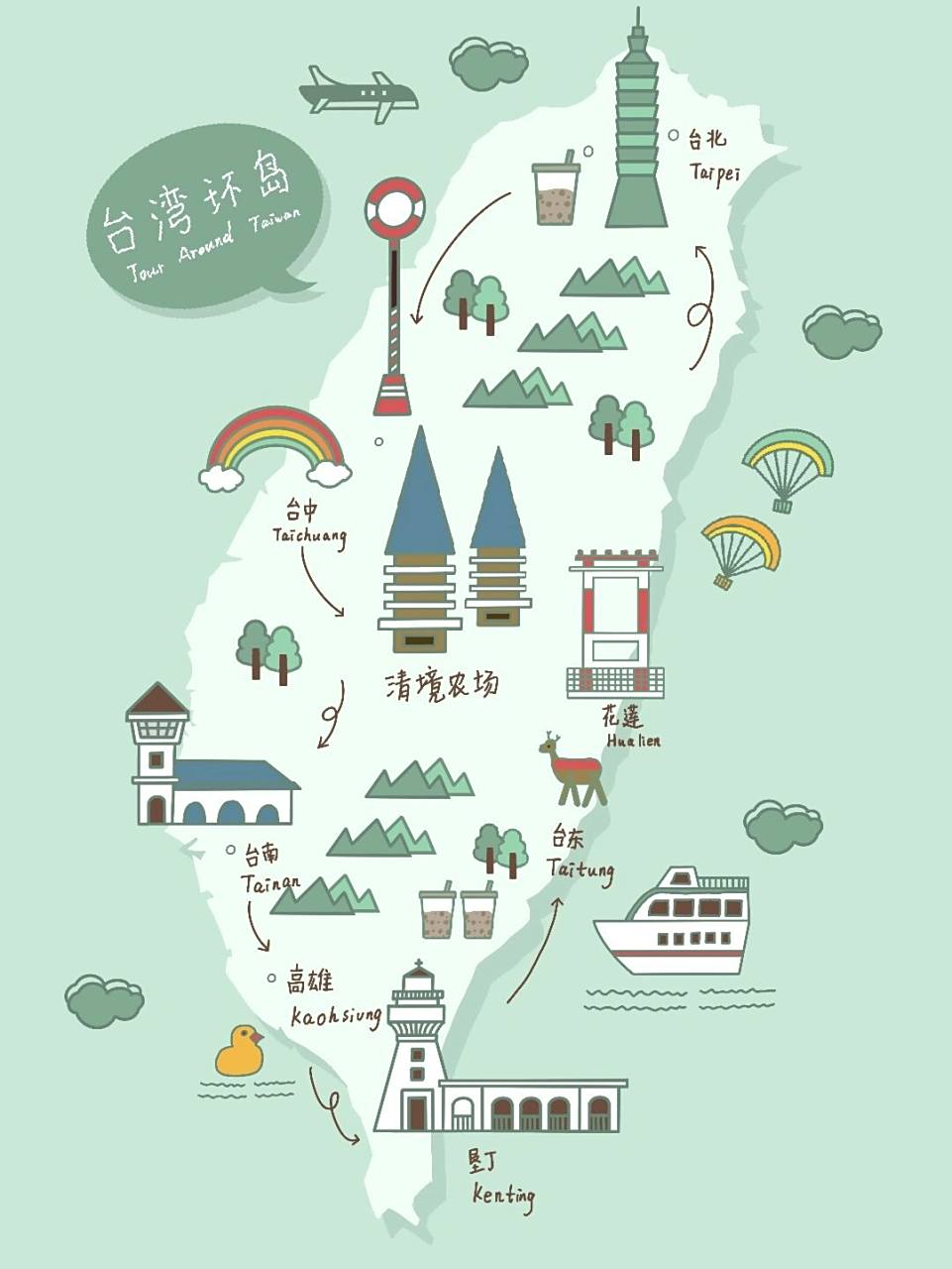 day39-手绘台湾地图/简笔画/景点/绿色