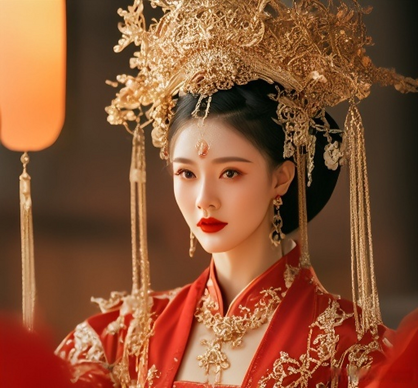 今天是个好日子,我试用智能创作了一位东方女姓;她身穿红色古装,华丽