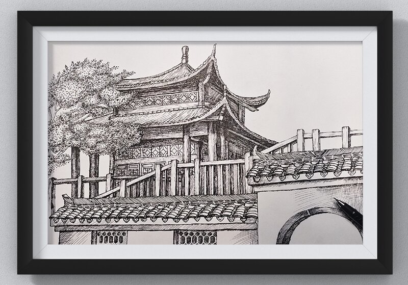 古建筑钢笔画