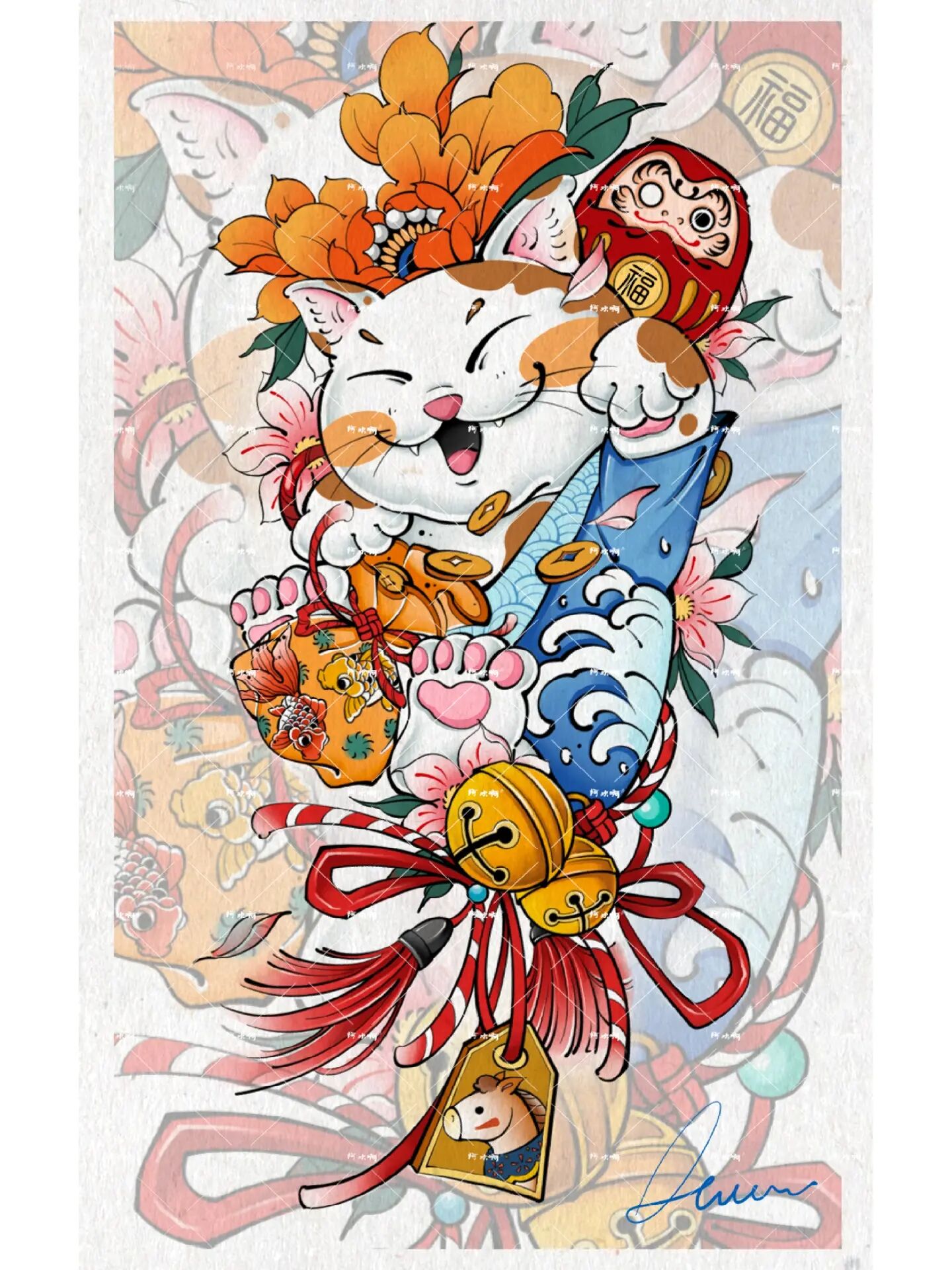 招财猫纹身手稿 融入了双鱼座,属相  客稿勿拿