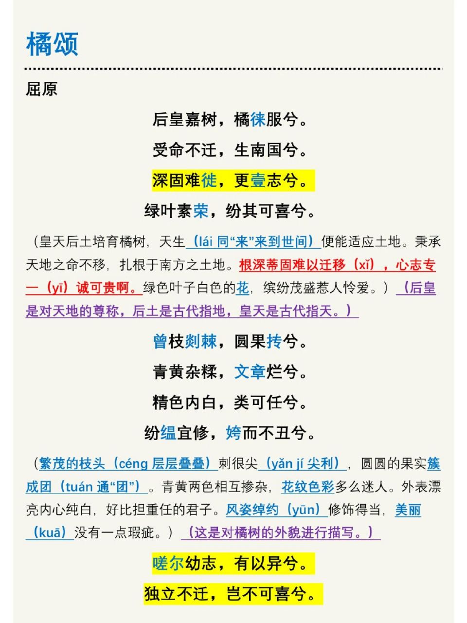 《九章·橘颂》屈原 苏世独立,横而不流; 愿岁并谢,与卿长友.