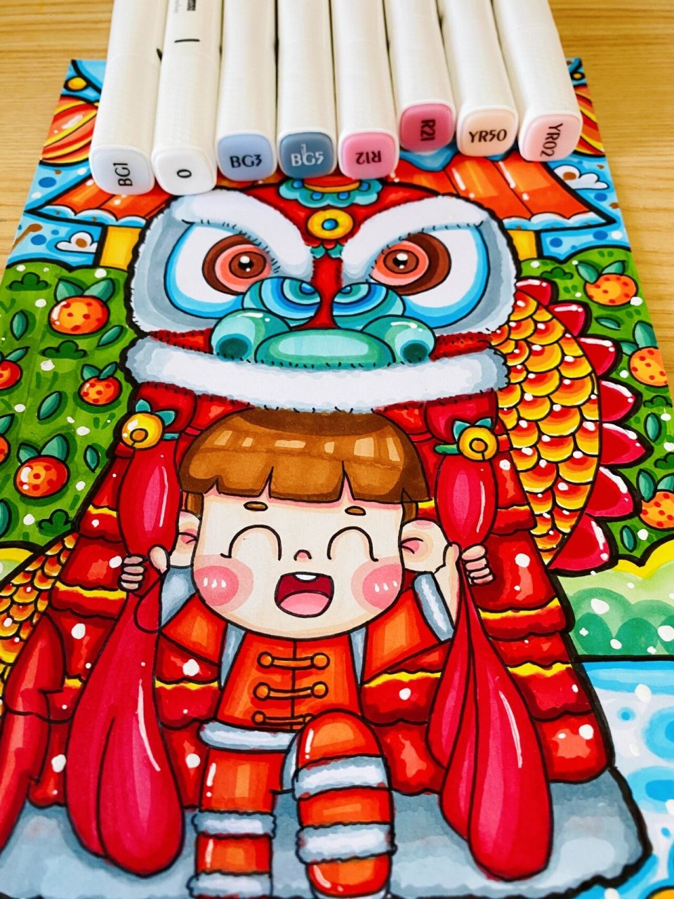 儿童画|《新年舞龙》|马克笔绘画 知识点来自汤圆老师临摹注明出处