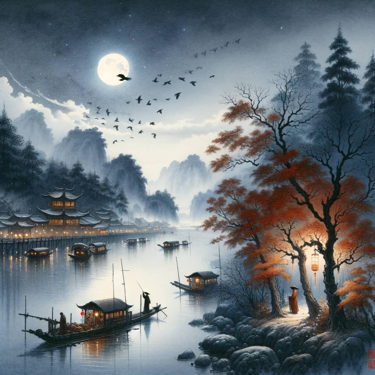ai画诗《枫桥夜泊》夜半钟声,秋江愁思96