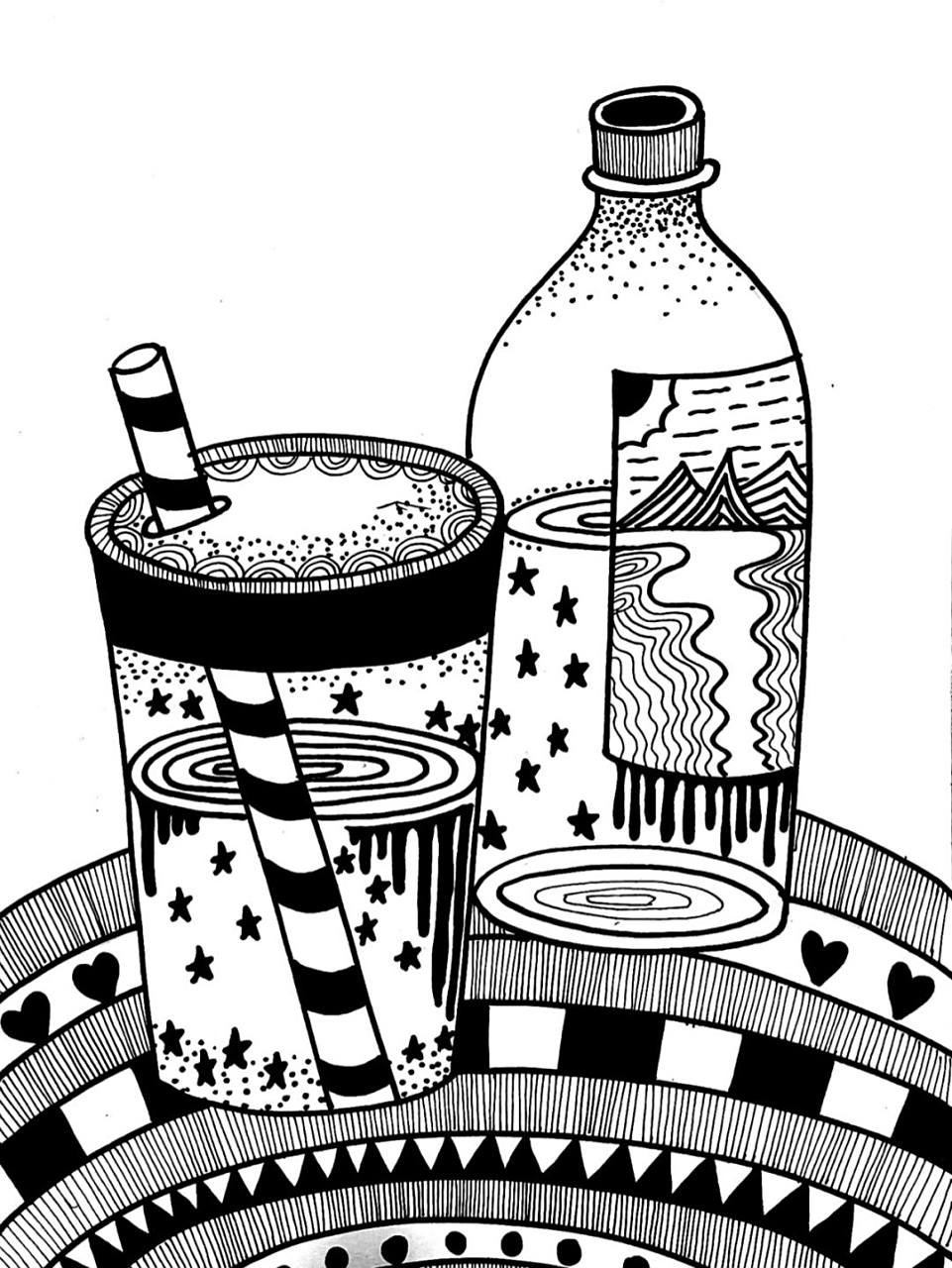 饮料瓶子线描绘画 #彩铅儿童画# #简笔画# #创意美术儿童画# #线描