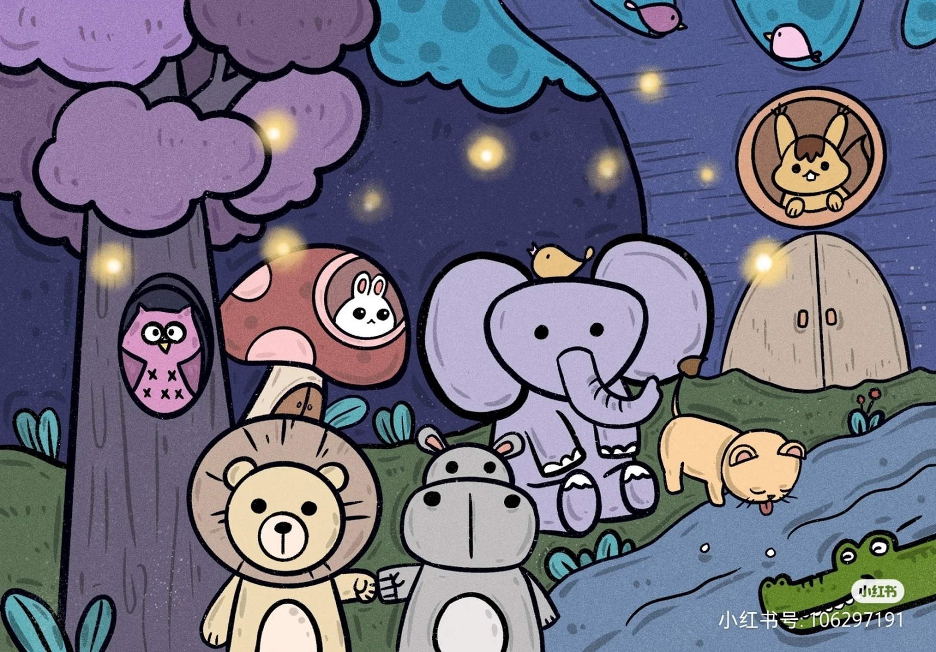 《动物聚会》简笔画 上色毁了哈哈哈,后面是原图