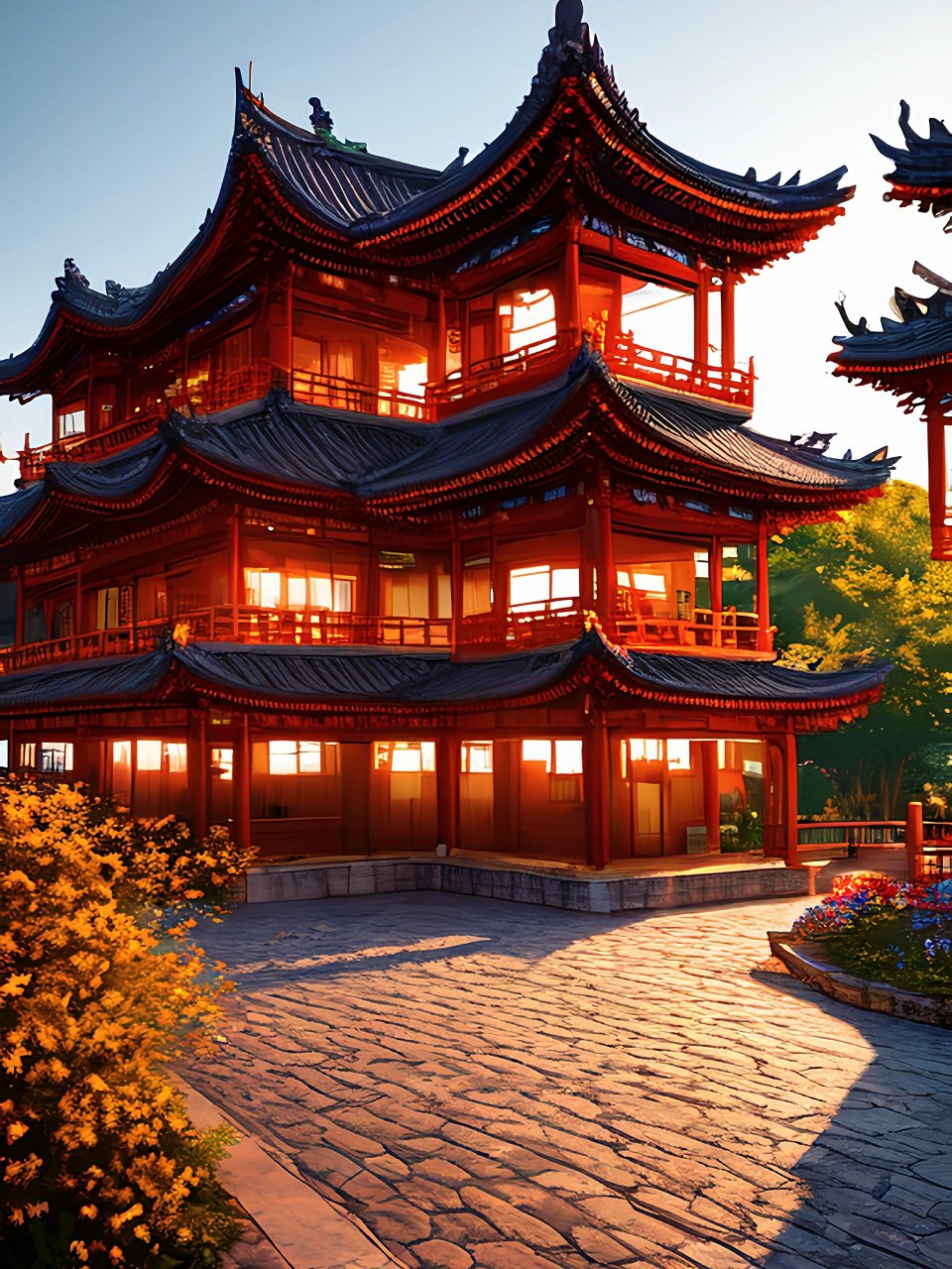 古风插画16山水阁楼夕阳傍晚下的灯光