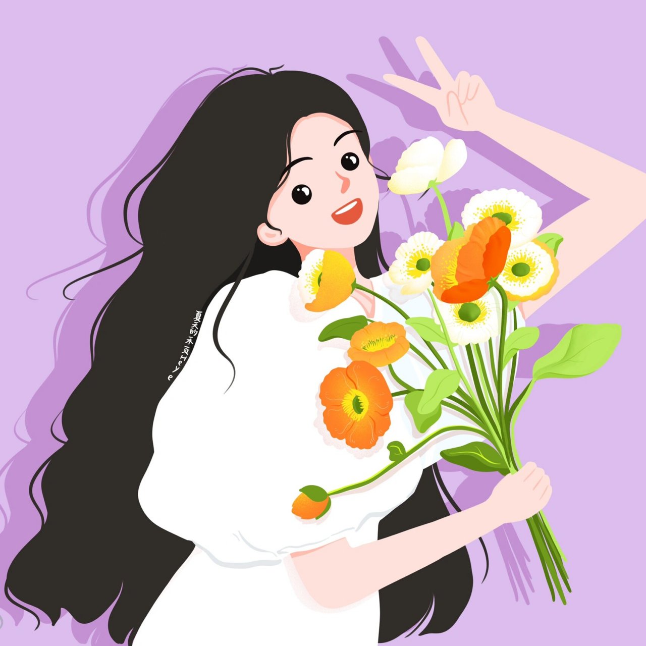 插画头像 | 捧花比耶的可爱女生 花花系列 1~ 背景多种配色供大家选择