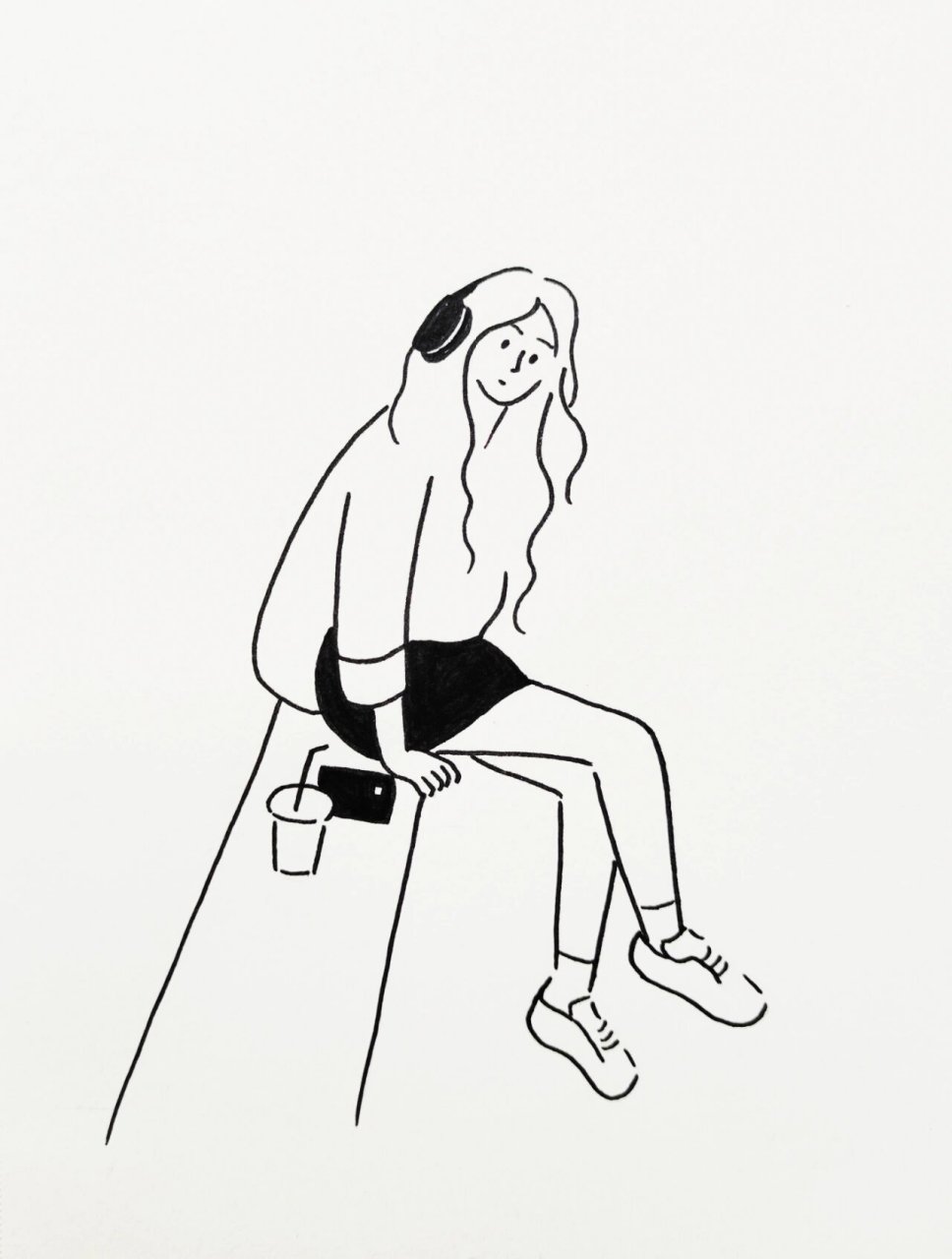 照片转画/极简手绘插画~听音乐的女孩 原创93临摹92商用,临摹请零