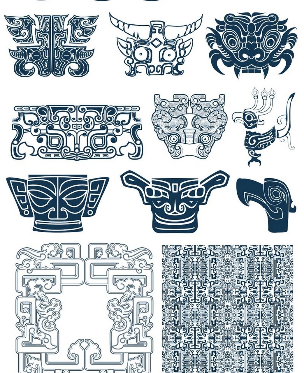 传统青铜器饕餮三星堆纹样线稿平面设计图案