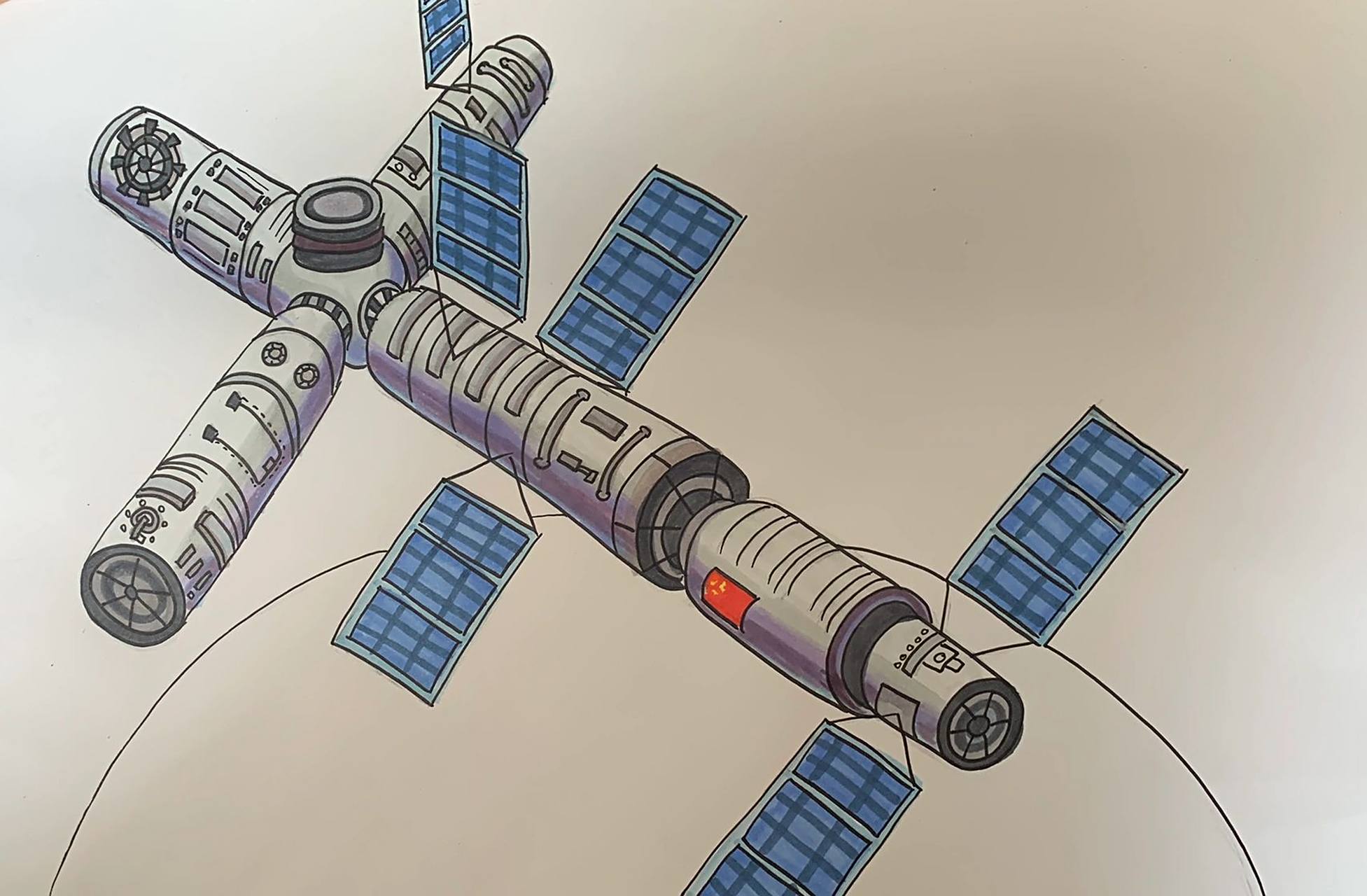 通过观察空间站,用点线面结合的方式创作一幅画 2.